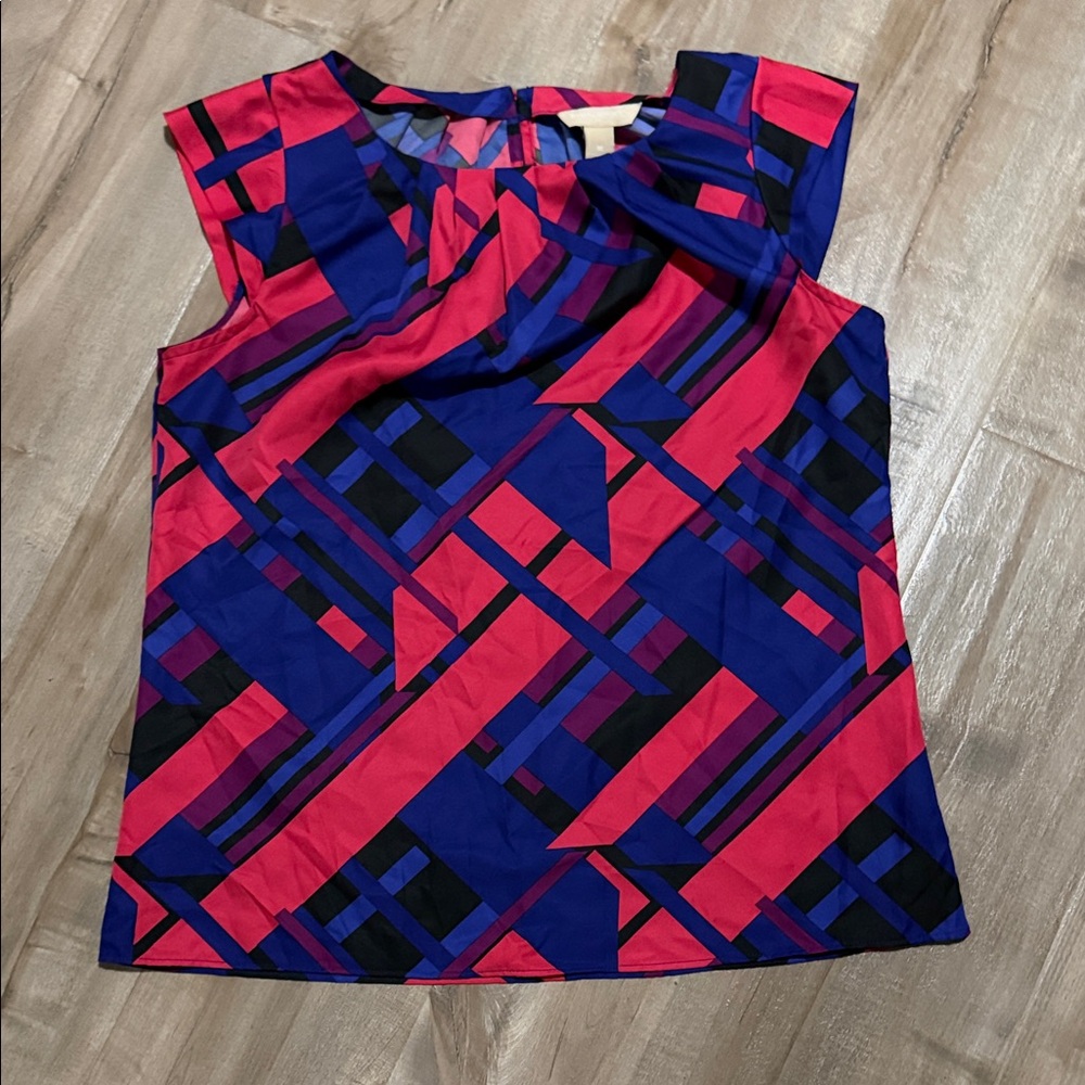 Banana Republic Abstract Print Cap Sleeve Pleated Neckline Blouse, Sz M